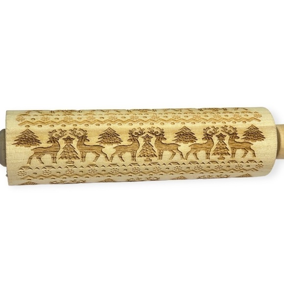 3D Engraved Christmas Wooden Rolling Pins Elk Deer Snowflake - Picture 4 of 5